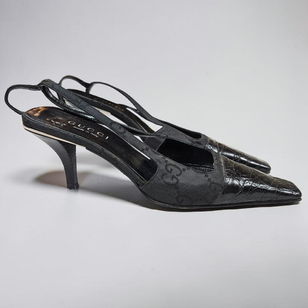 Gucci Black Monogram Slingback Kitten Heels